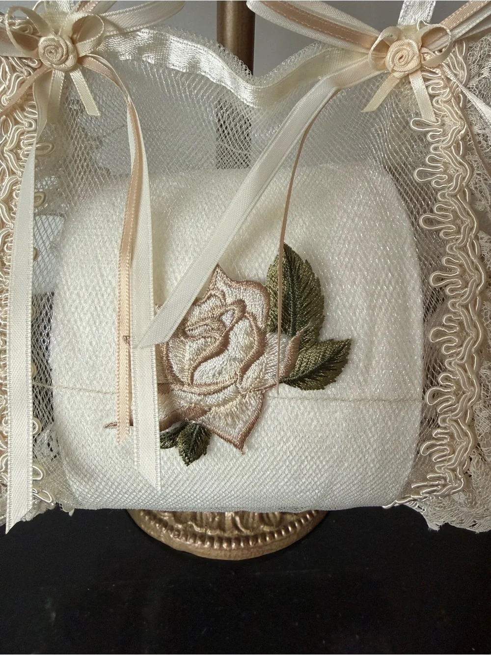 Hand Crafted Beige and Ivory Lace Toilet Paper Sachet & Hand Towel Set